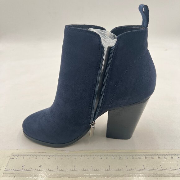 Navy Suede Block Heel Ankle Boots Closed Toe Side Zipper Short Bootie Shoes - Picture 1 of 7